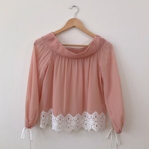 Anthropologie After Market Top Chiffon Lace Off Shoulder Blouse Pink Size S